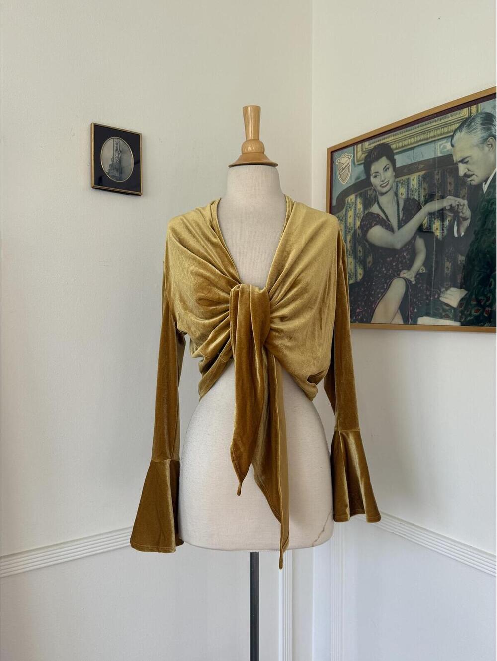 Vintage Inspired Velvet Bell-Sleeve Tie Top